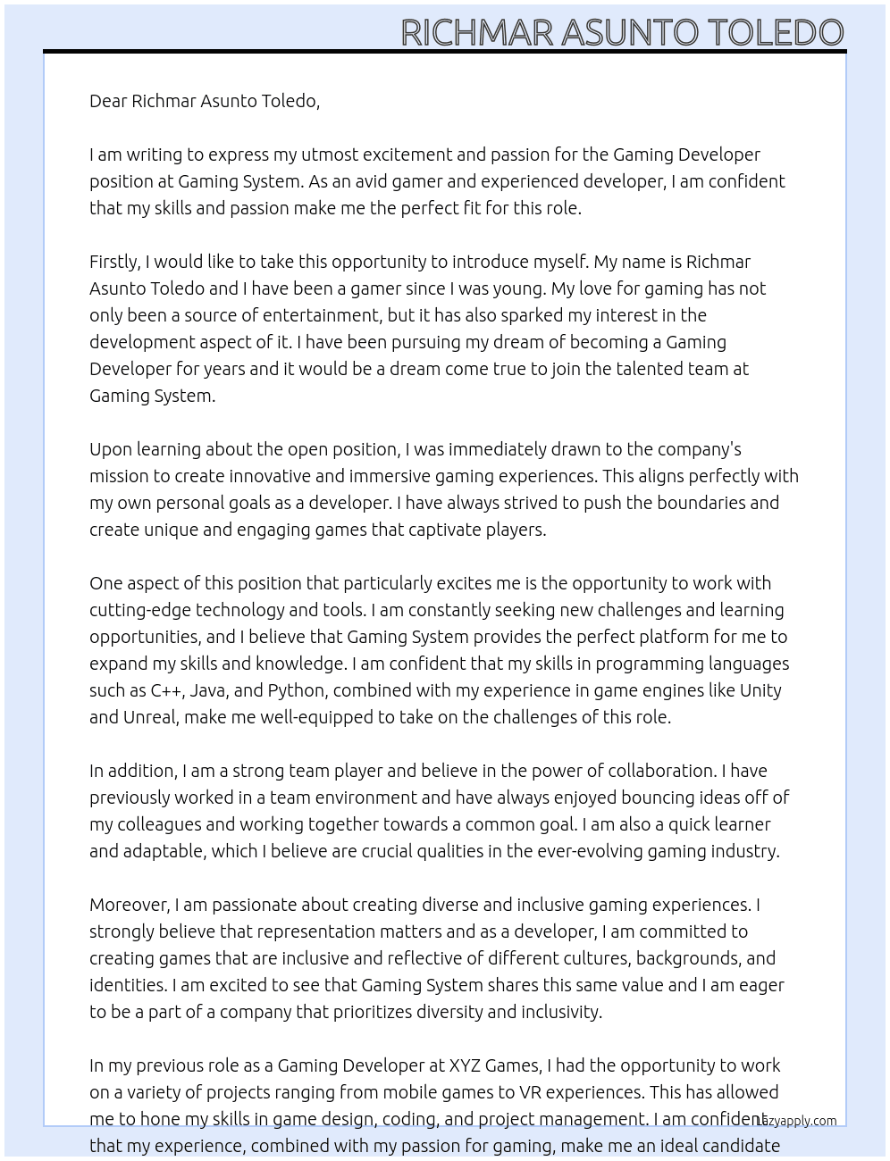 Gaming Developer At Gaming System Cover Letter