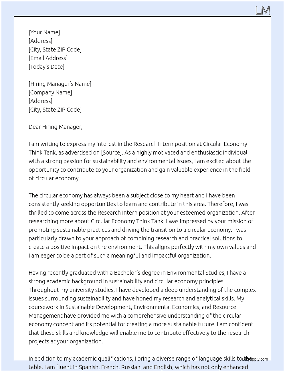 Research Intern At Circular Economy Think Tank Cover Letter