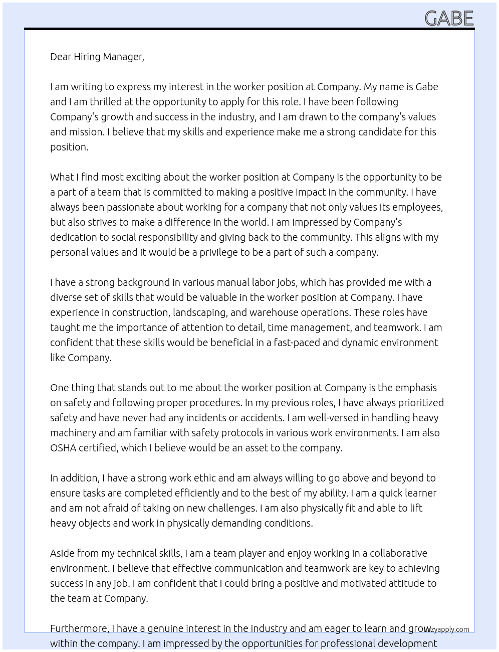 worker At Company Cover Letter