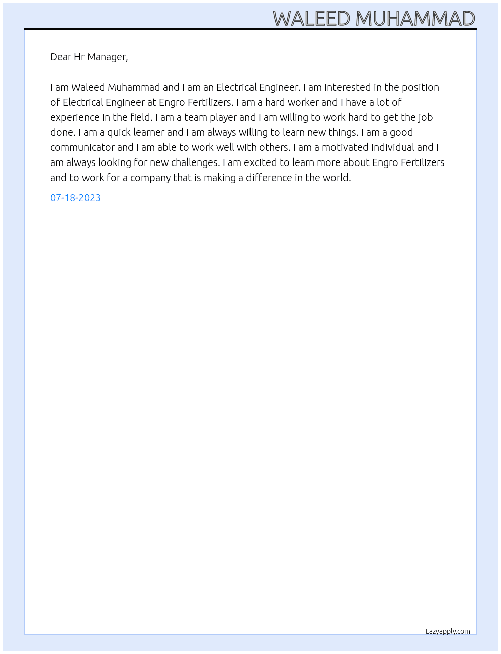 Electrical Engineer At Engro Fertilizers Cover Letter