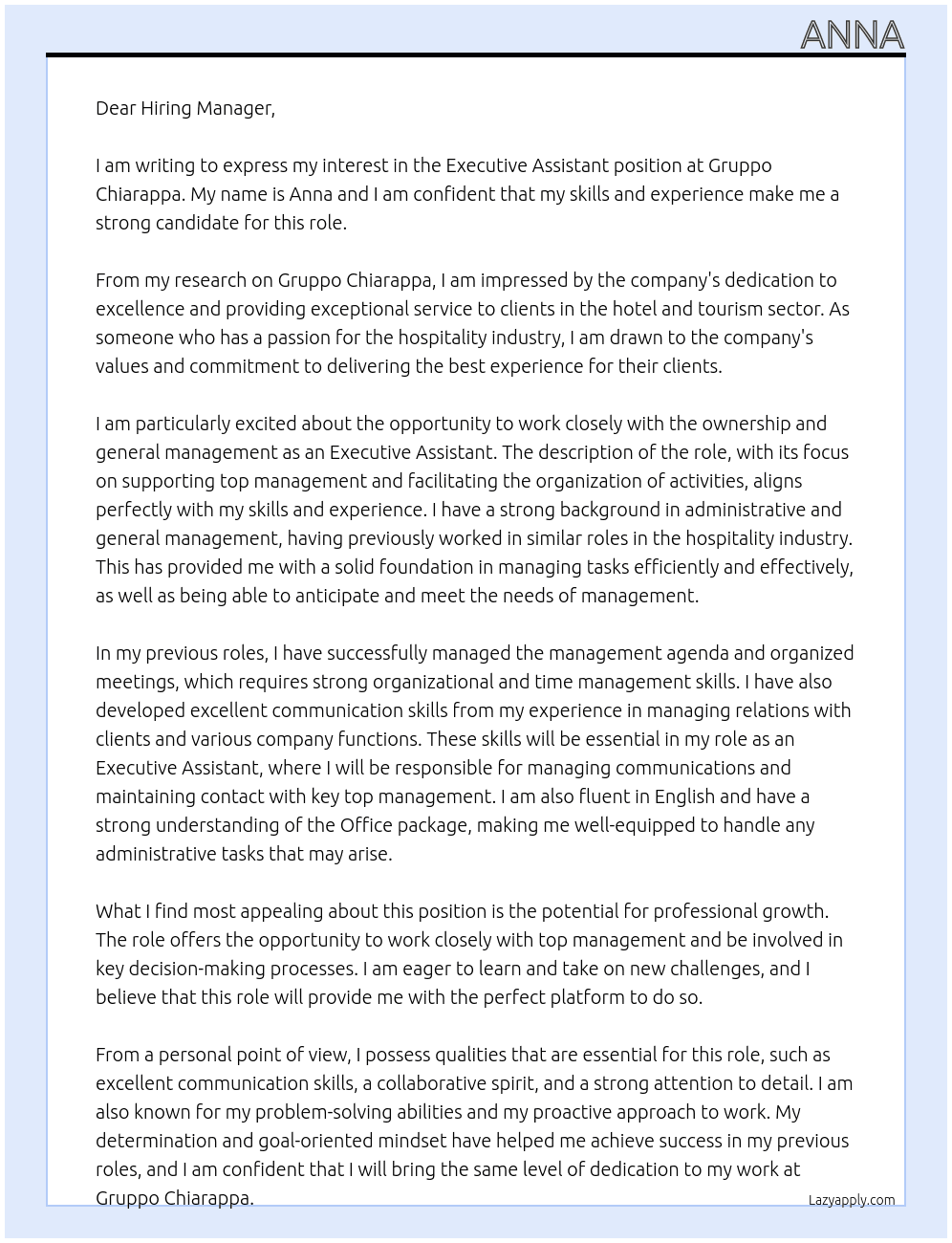 Executive Assistant At Gruppo Chiarappa Cover Letter