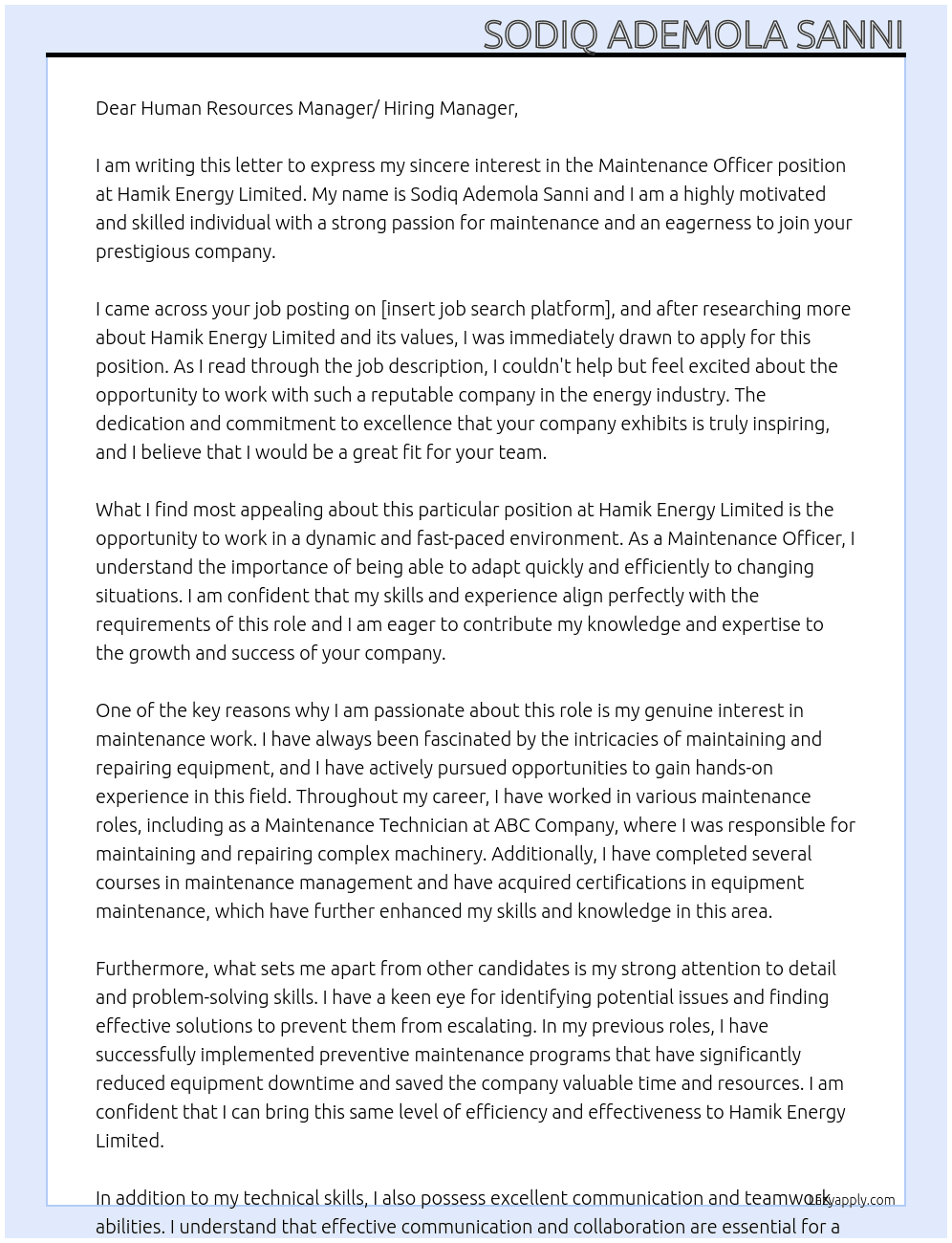 Maintenance  Officer At Hamik Energy Limited Cover Letter