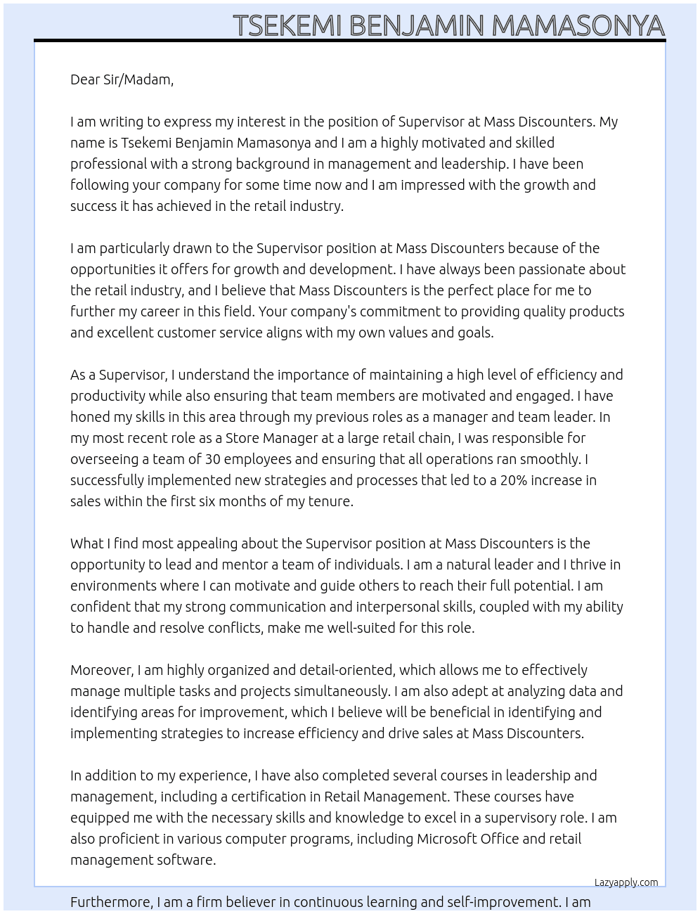 Supervisor At Mass Discounters Cover Letter