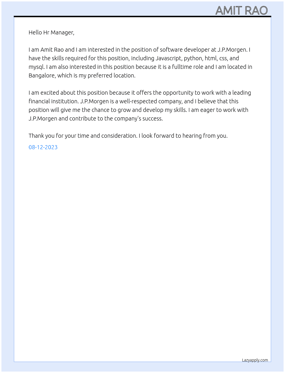 Software developer  At J.P.Morgen  Cover Letter