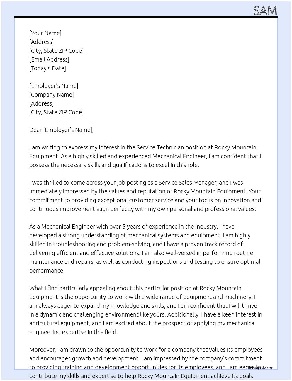 Service Technician At Rocky Mountain Equipment Cover Letter