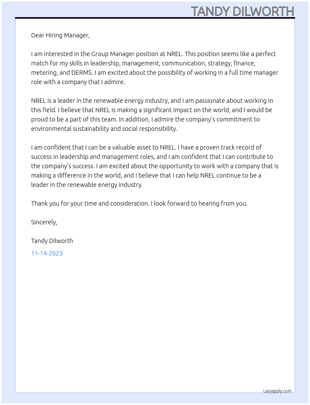 Group Manager At NREL Cover Letter