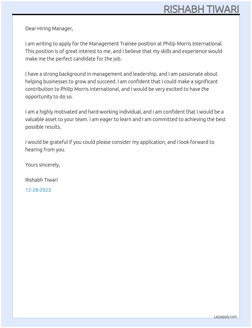 Management Trainee  At Philip morris International  Cover Letter