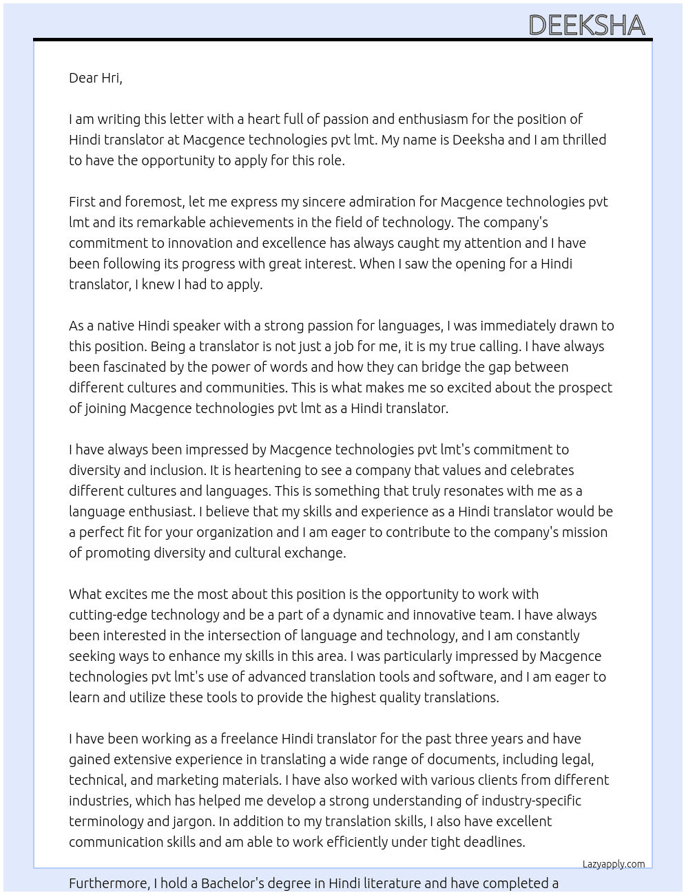 Hindi translator At Macgence technologies pvt lmt Cover Letter