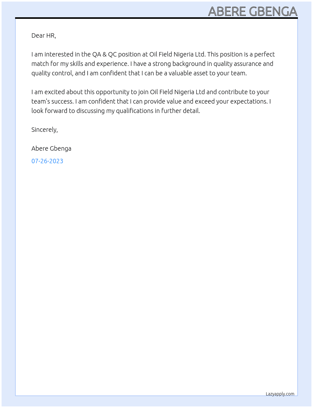 QA & QC At Oil Field Nigeria Ltd Cover Letter