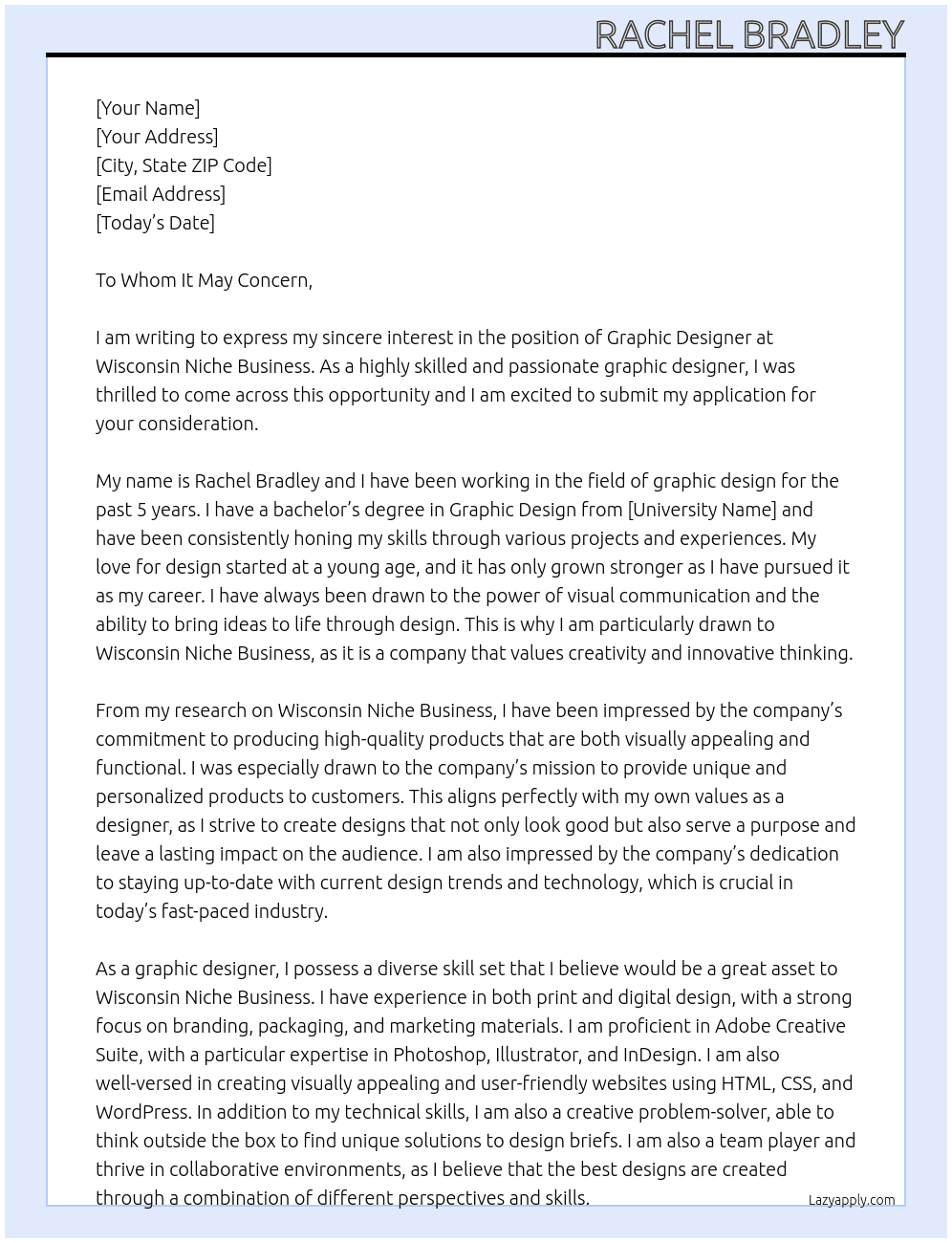 graphic designer At Wisconsin Niche Business  Cover Letter