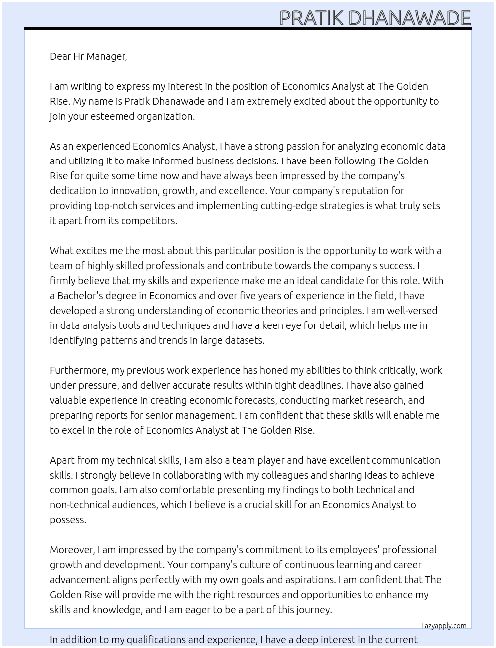  Economics Analyst At The Golden Rise Cover Letter