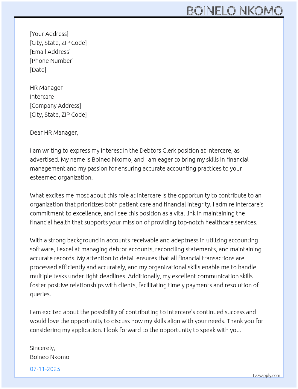 DEBTORS CLERK At INTERCARE Cover Letter