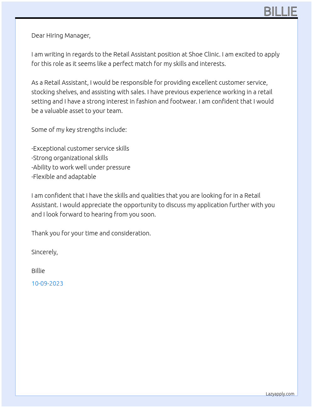 Retail Assistant At Shoe Clinic Cover Letter