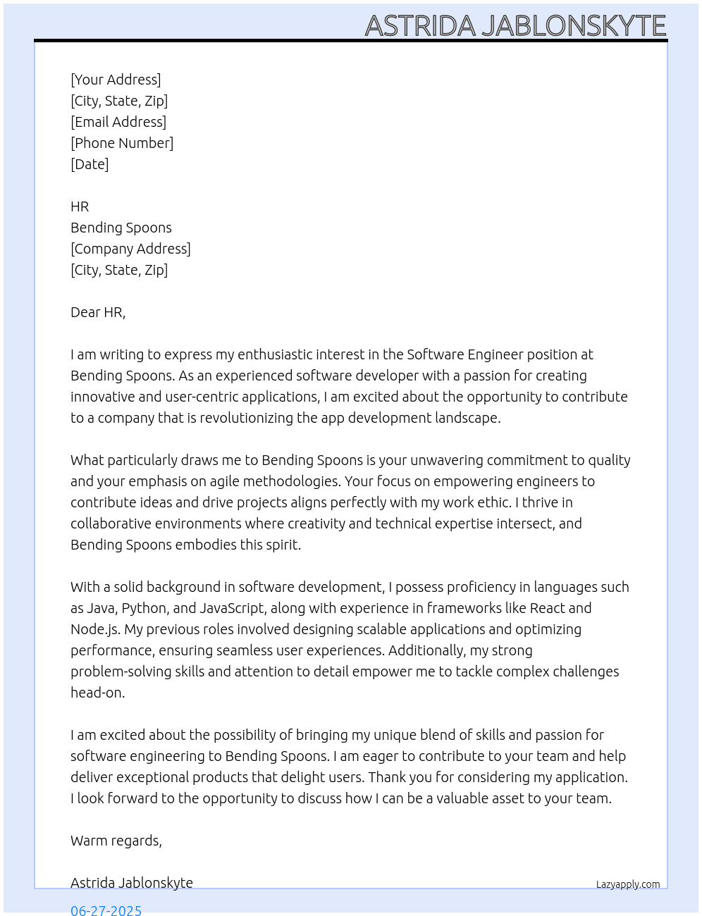 Software engineer At Bending Spoons Cover Letter