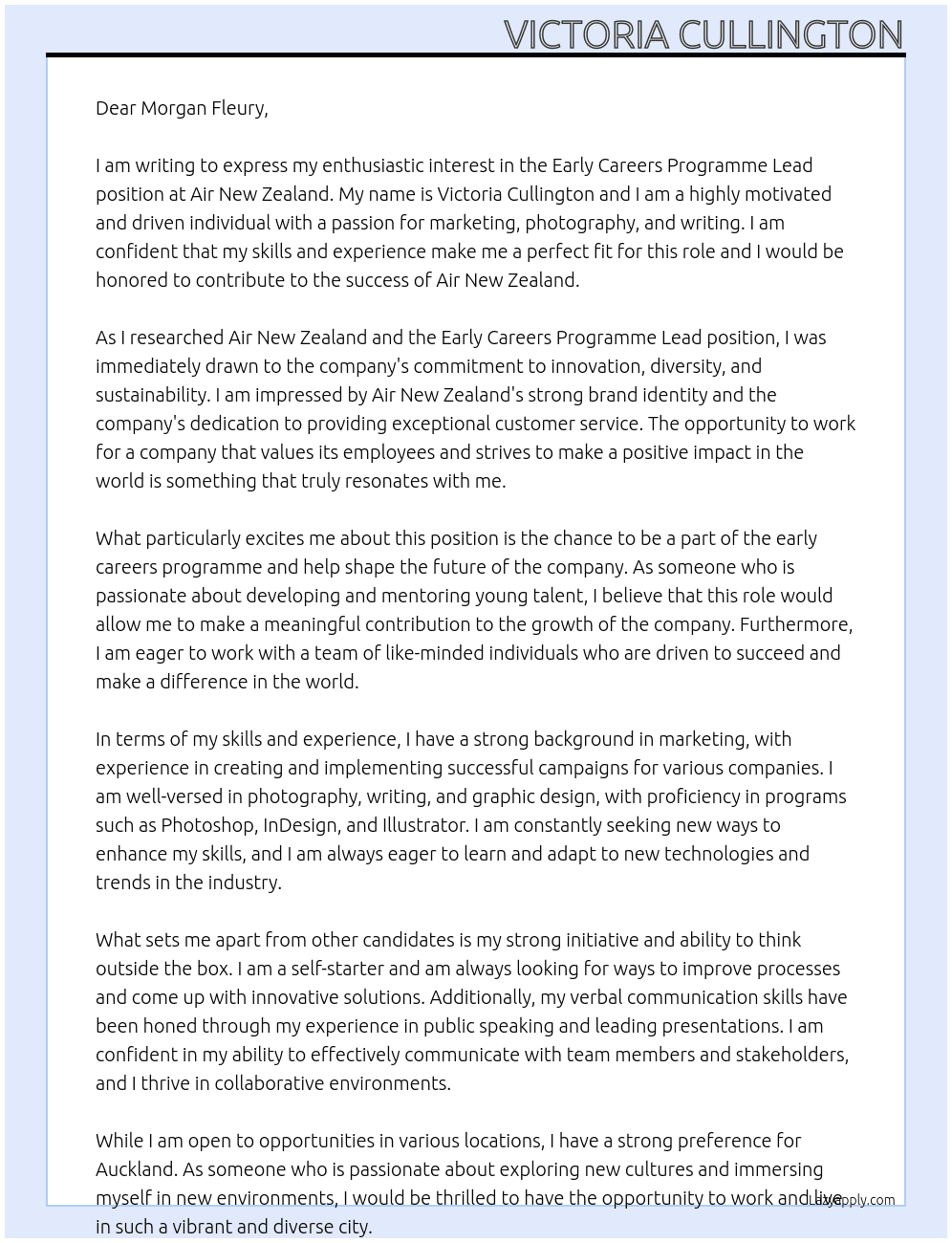 Early Careers Programme Lead  At Air New Zealand Cover Letter