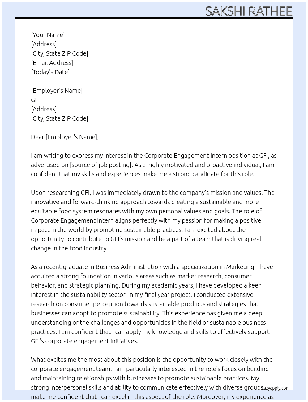 Corporate Engagement Intern At GFI Cover Letter