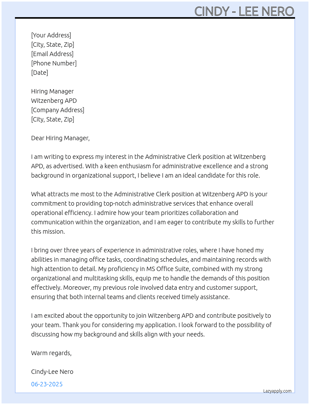 Administrative Clerk At Witzenberg APD Cover Letter