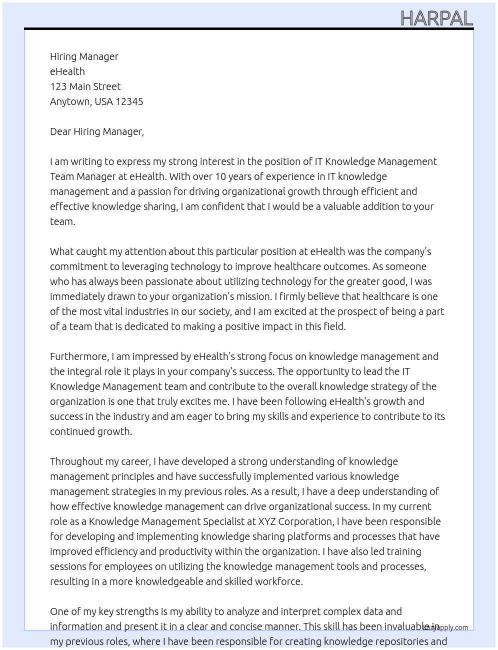 IT Knowledge Management Team Manager At eHealth Cover Letter