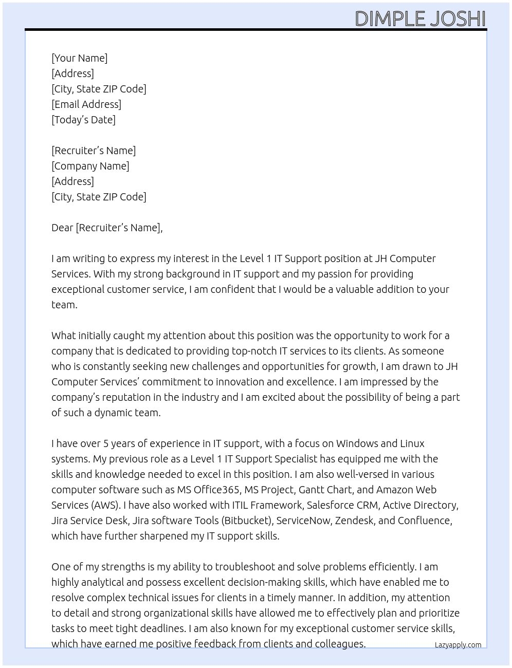 Level 1 IT Support At JH Computer Services Cover Letter