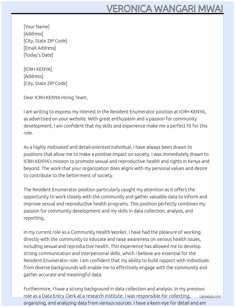 RESIDENT ENIMERATOR At ICRH KENYA  Cover Letter