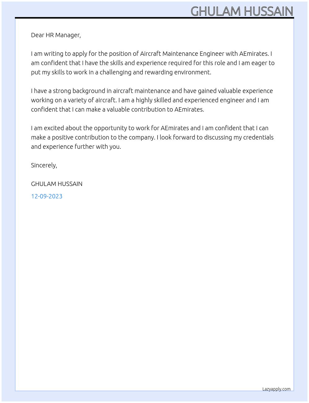 Aircraft Maintenance Engineer At AEmirates Cover Letter