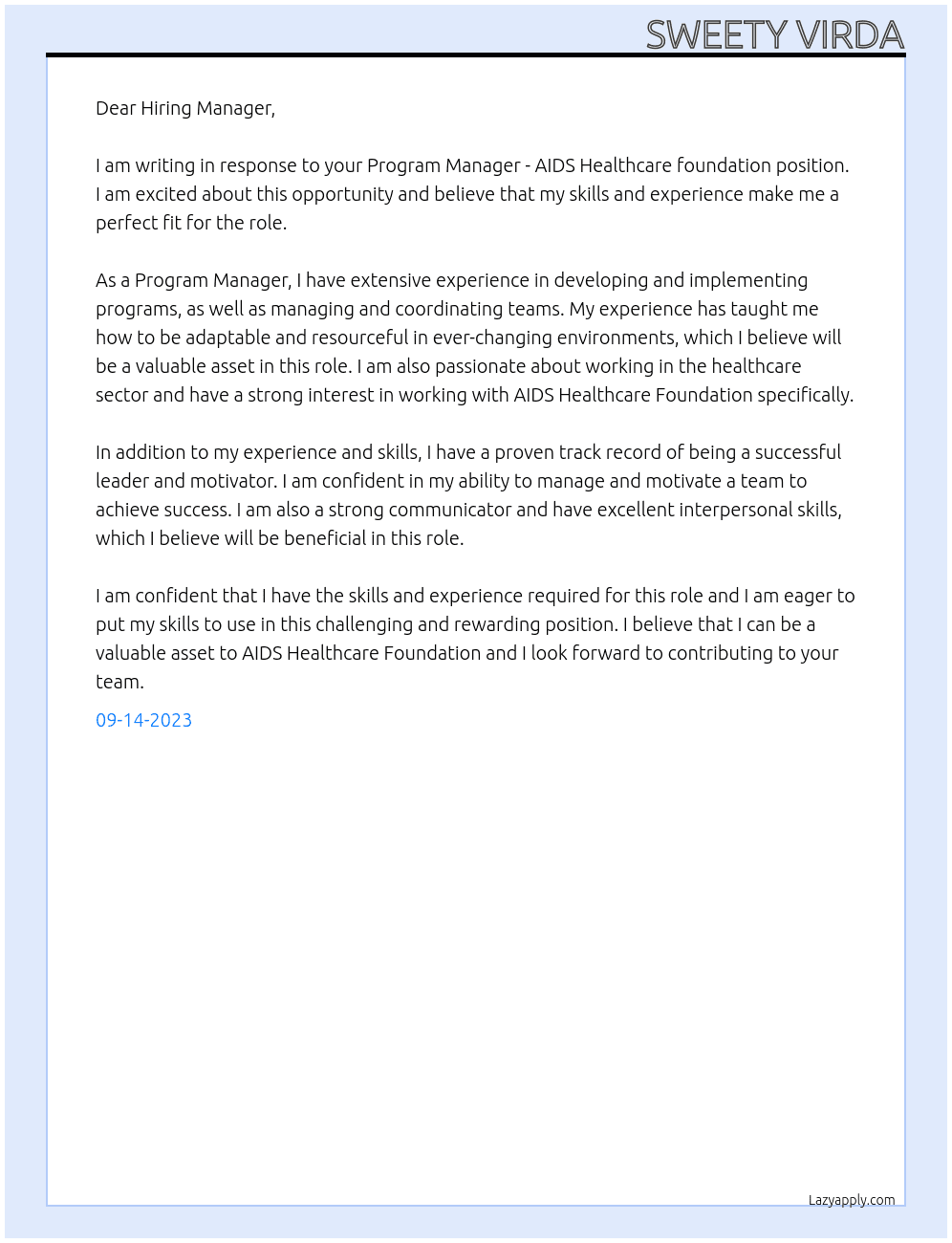 Program Manager - AIDS Healthcare foundation At AIDS Healthcare foundation Cover Letter