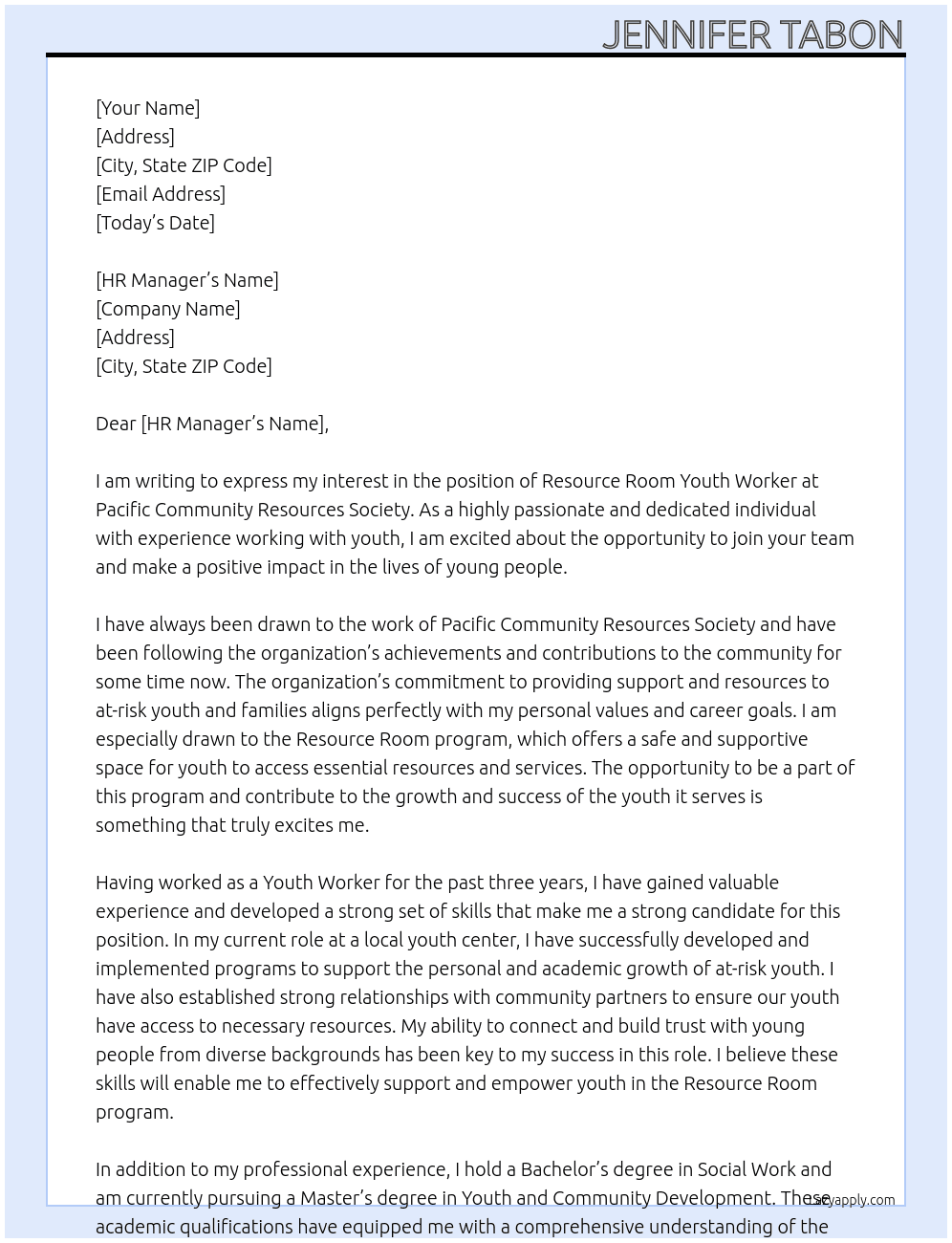 Resource Room Youth Worker At Pacific Community Resources Society Cover Letter