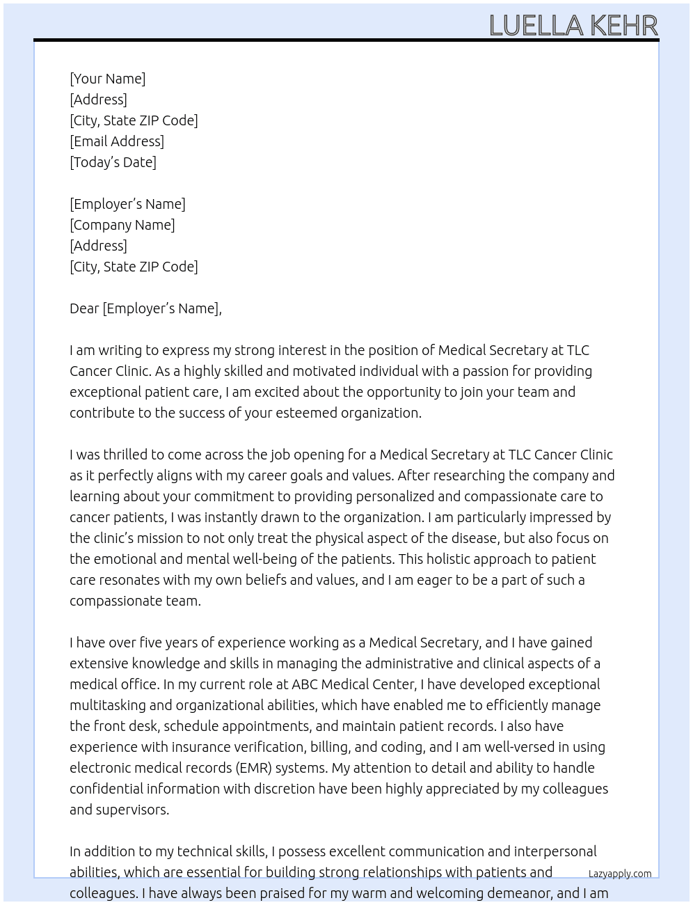 medical secertary At TLC Cancer Clinic Cover Letter