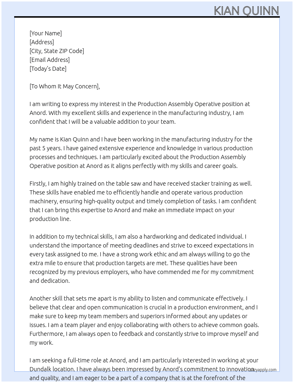 Production assembly operative  At Anord Cover Letter