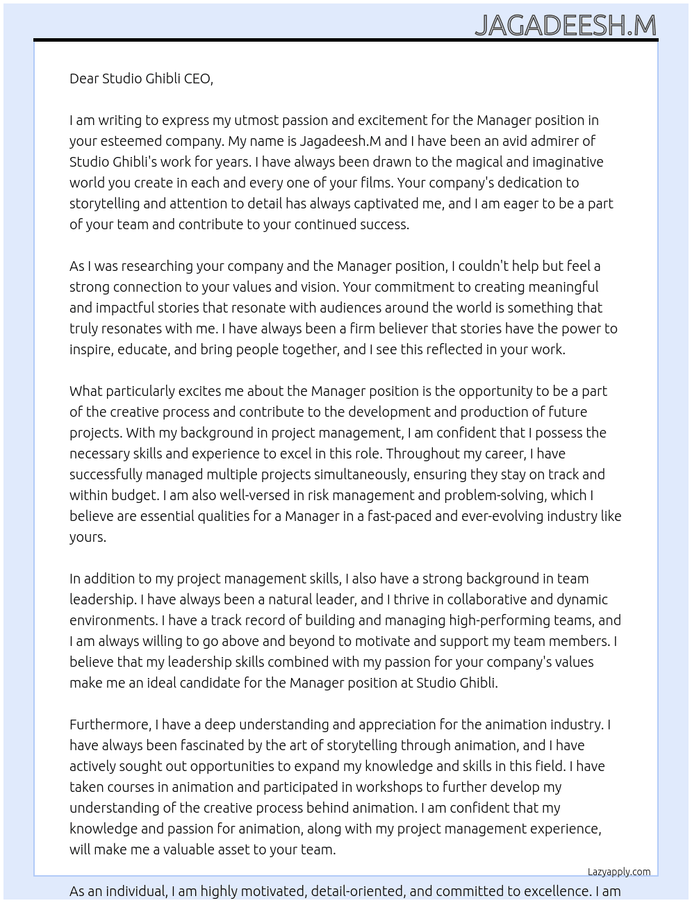 Manager  At Studio Ghibli Cover Letter