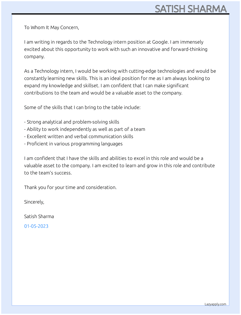 Cover letter for tecnology intern - LazyApply