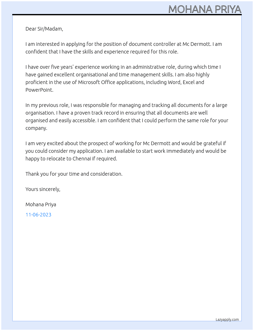 Document controller  At Mc Dermott Cover Letter