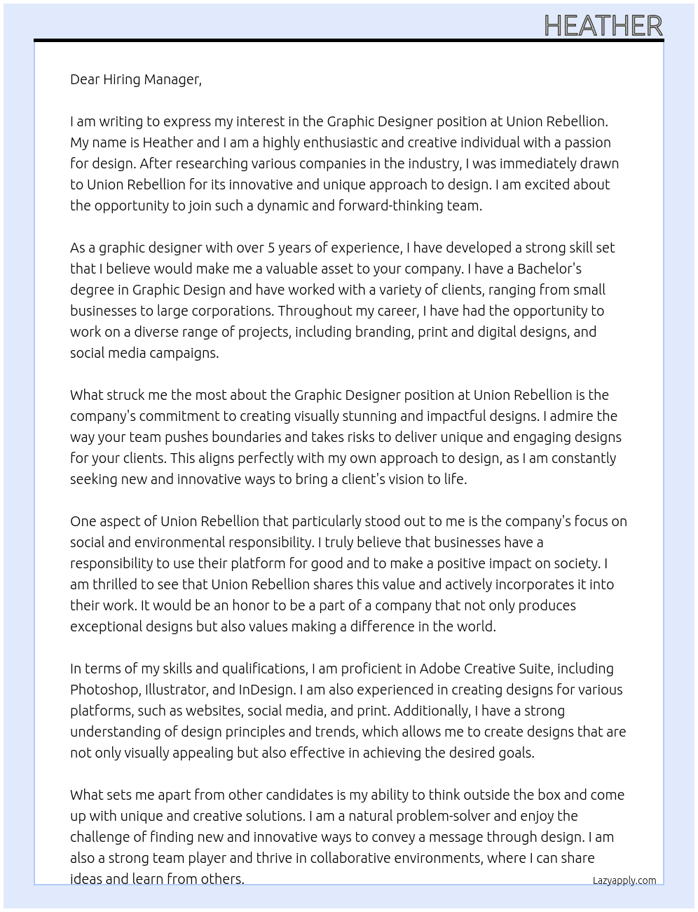Graphic Designer At Union Rebellion Cover Letter