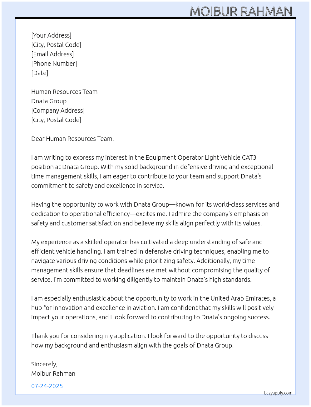 Equipment Operator Light vehicle CAT3  At Dnata Group  Cover Letter