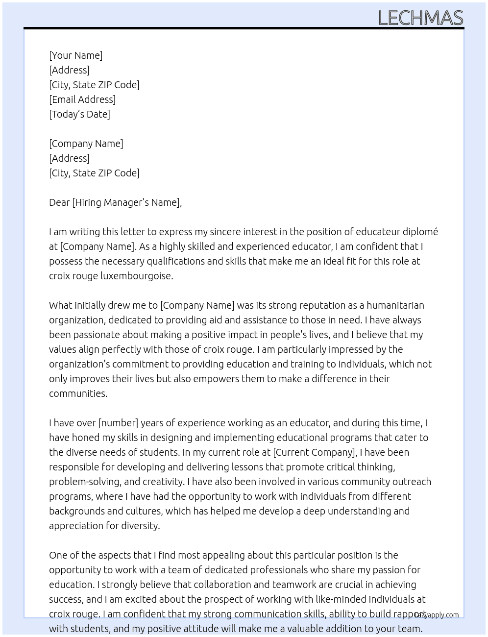educateur diplomé At croix rouge Cover Letter