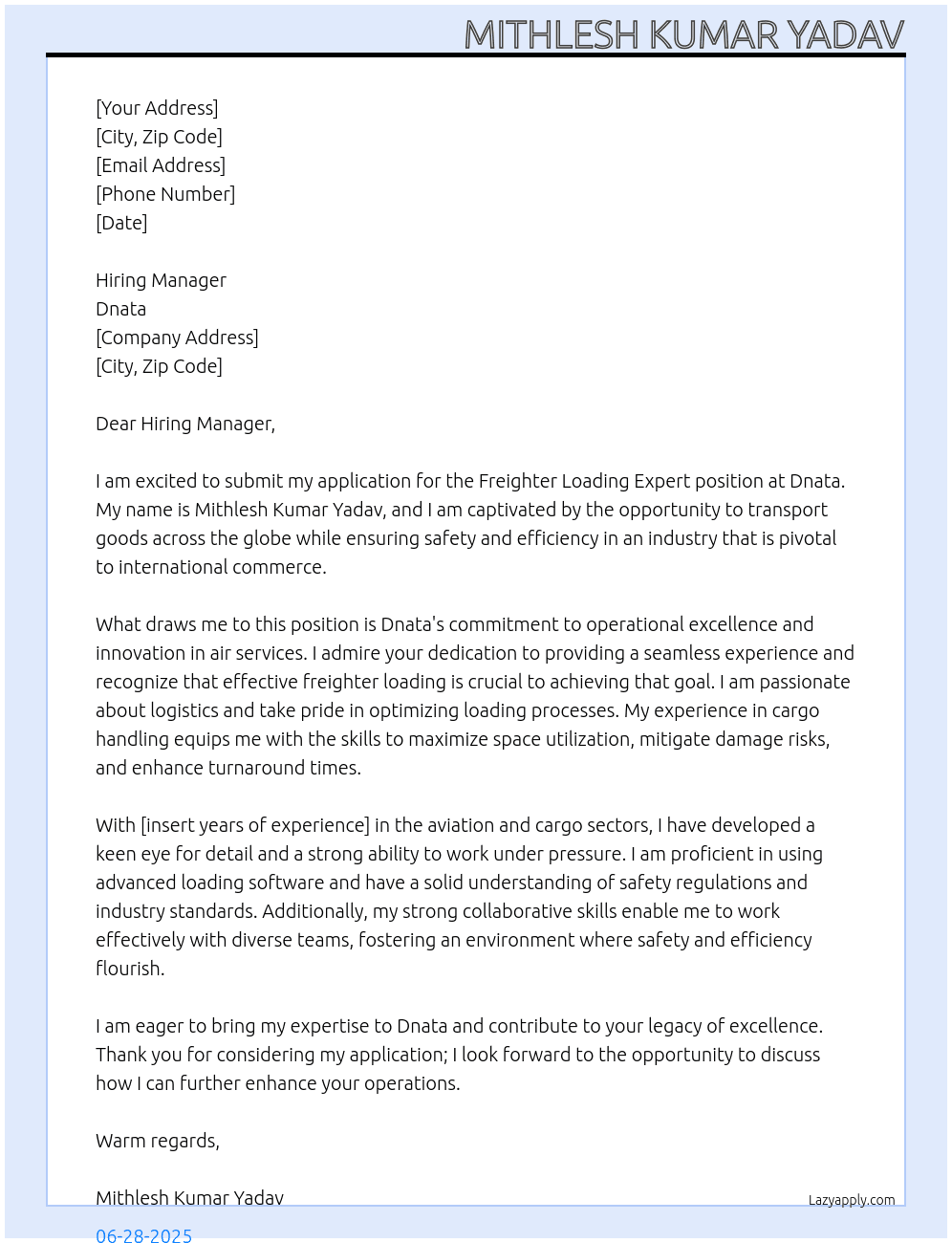 Cover letter for freighter loading expert dwc - LazyApply