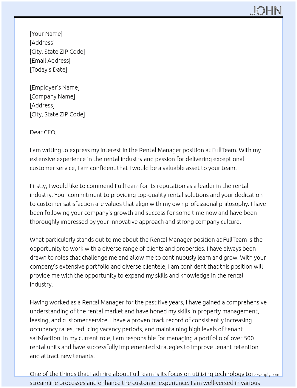 Rental Manager At FullTeam Cover Letter