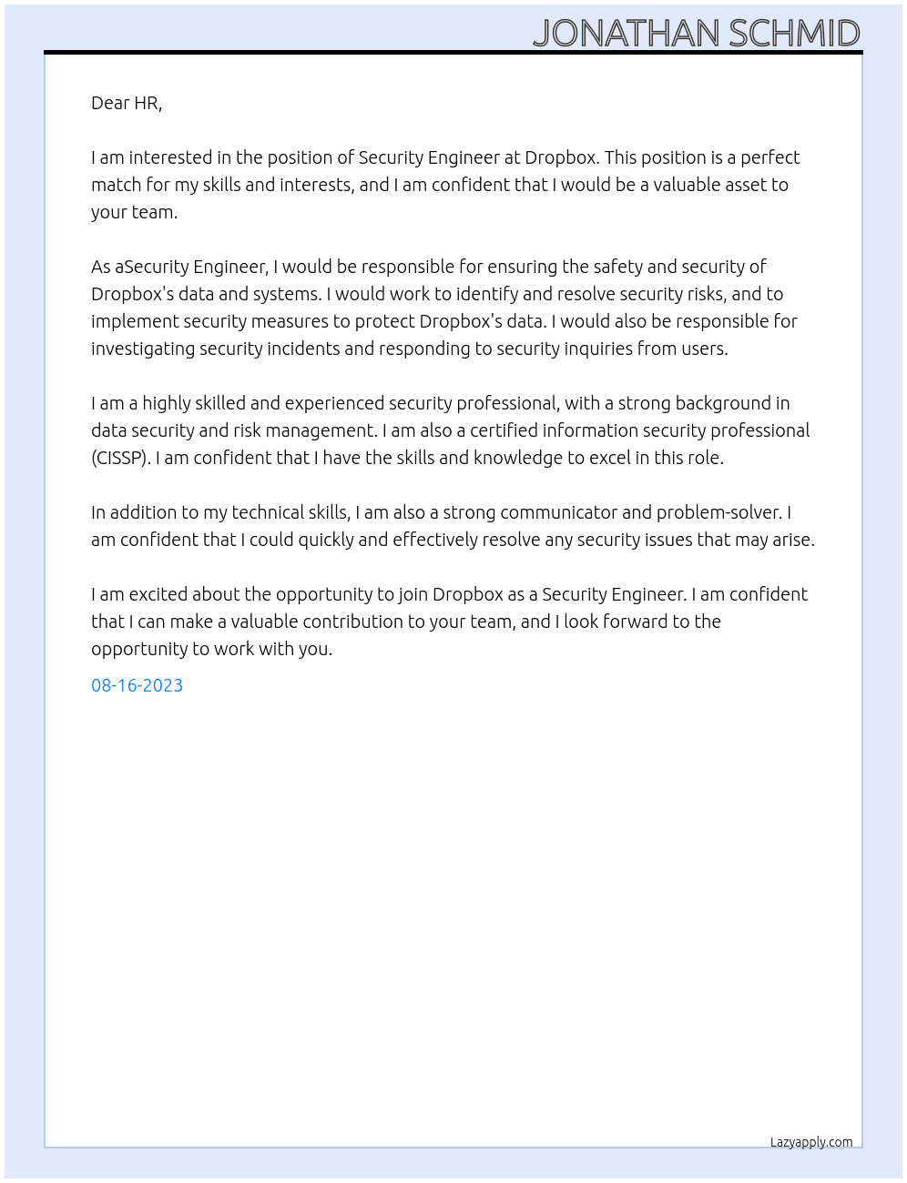 Security Engineer At Dropbox Cover Letter