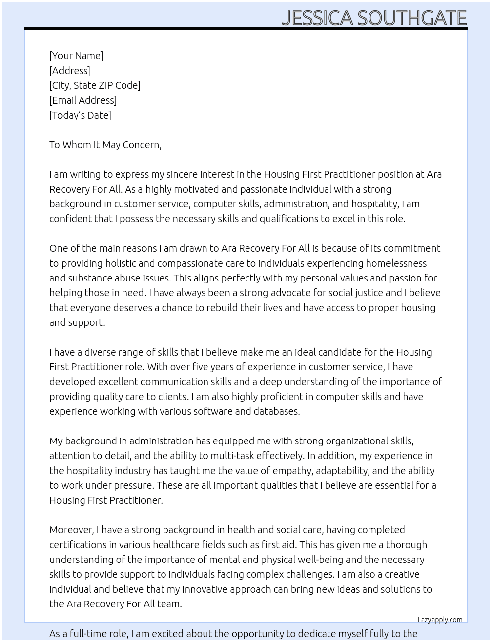 Housing First Practitioner At Ara Recovery For All Cover Letter