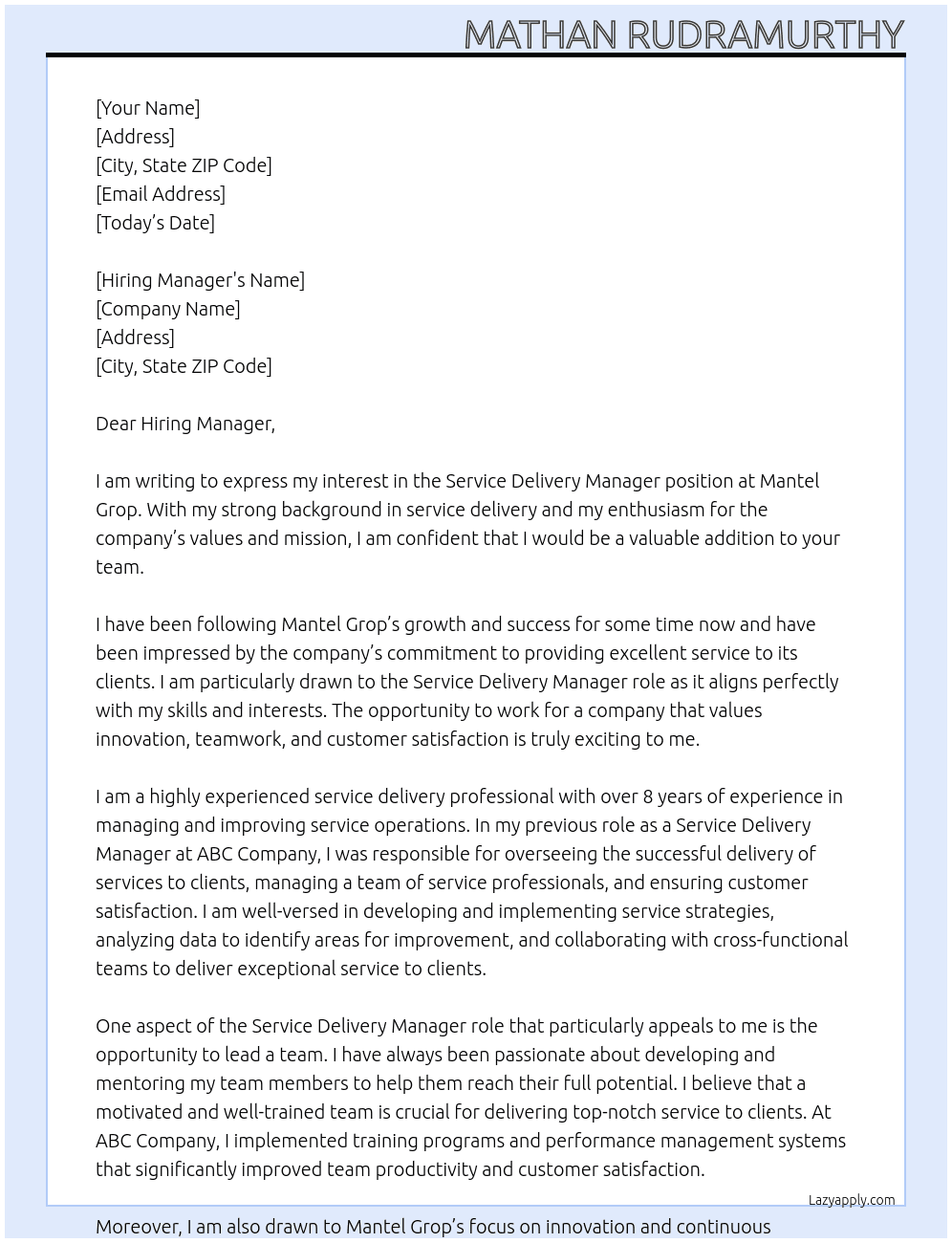 Service Delivery Manager At Mantel Grop Cover Letter