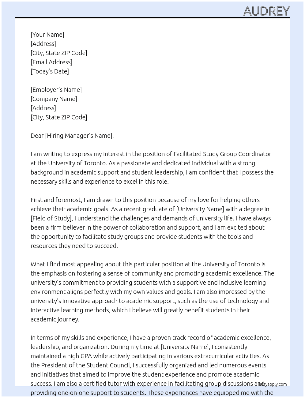 Facilitated Study Group CoordinatorFacilitated Study Group Coordinator At u of t Cover Letter