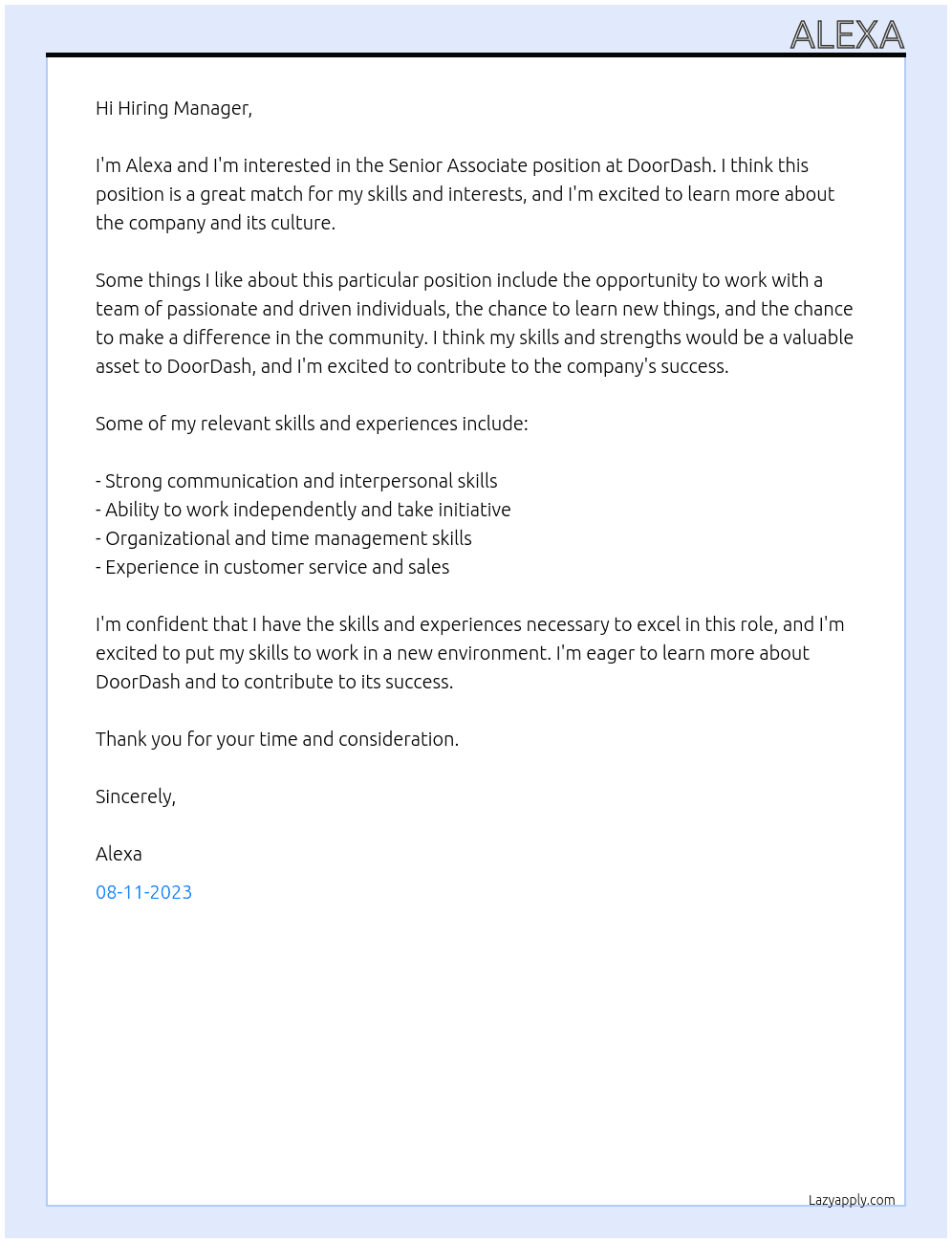 Senior Associate At DoorDash Cover Letter