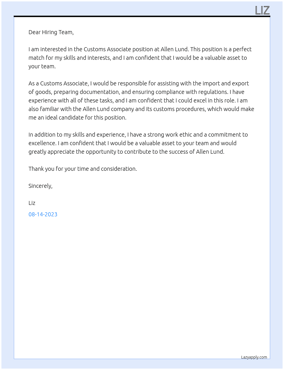 Customs Associate At Allen Lund Cover Letter