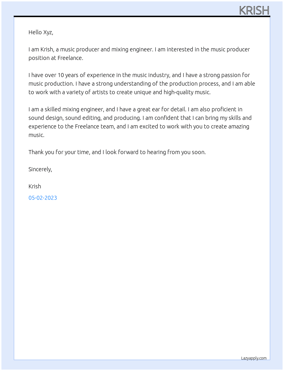 Music Producer  At Freelance Cover Letter