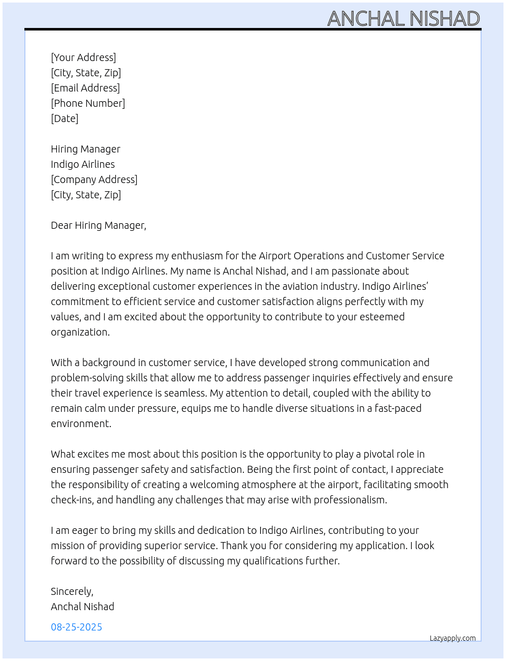 Cover letter for airport operation and customer service - LazyApply