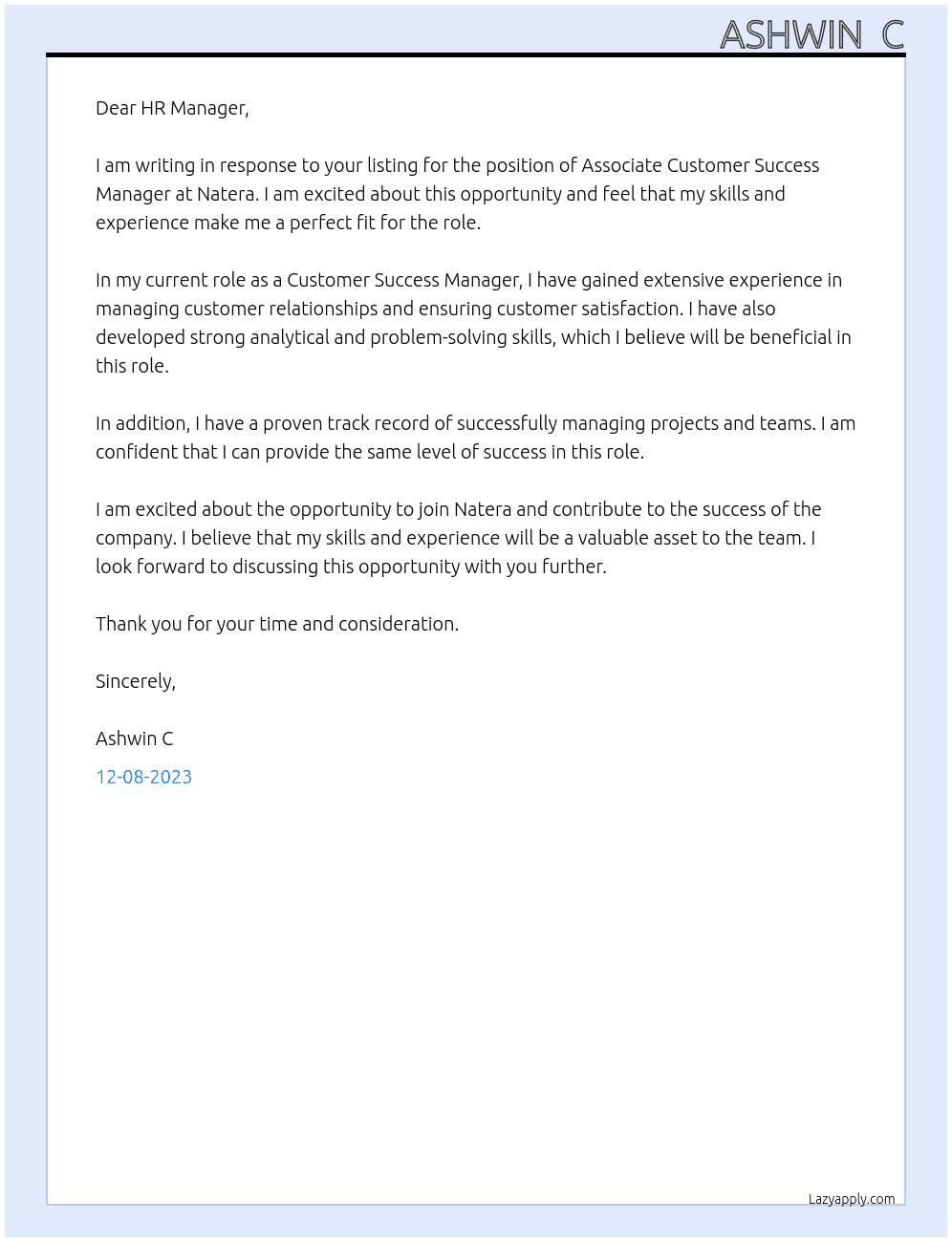 Associate Customer Success Manager At Natera Cover Letter