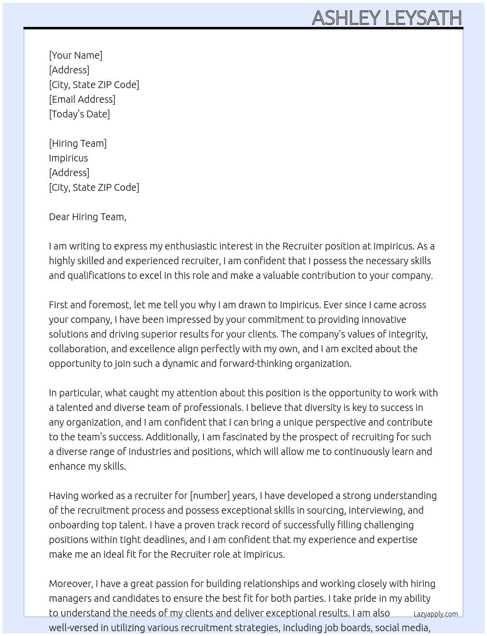 Recruiter At Impiricus  Cover Letter