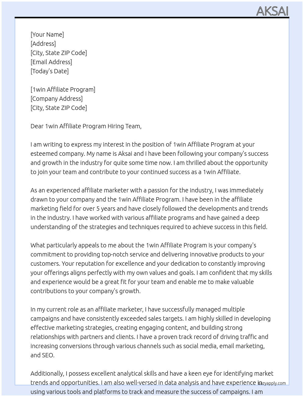1win affiliate program At 1win  Cover Letter