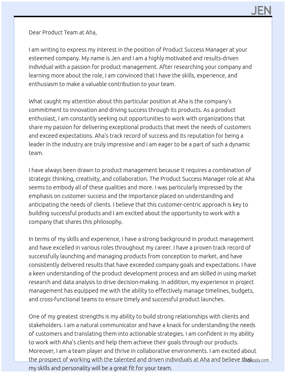Product Success Manager At Aha Cover Letter