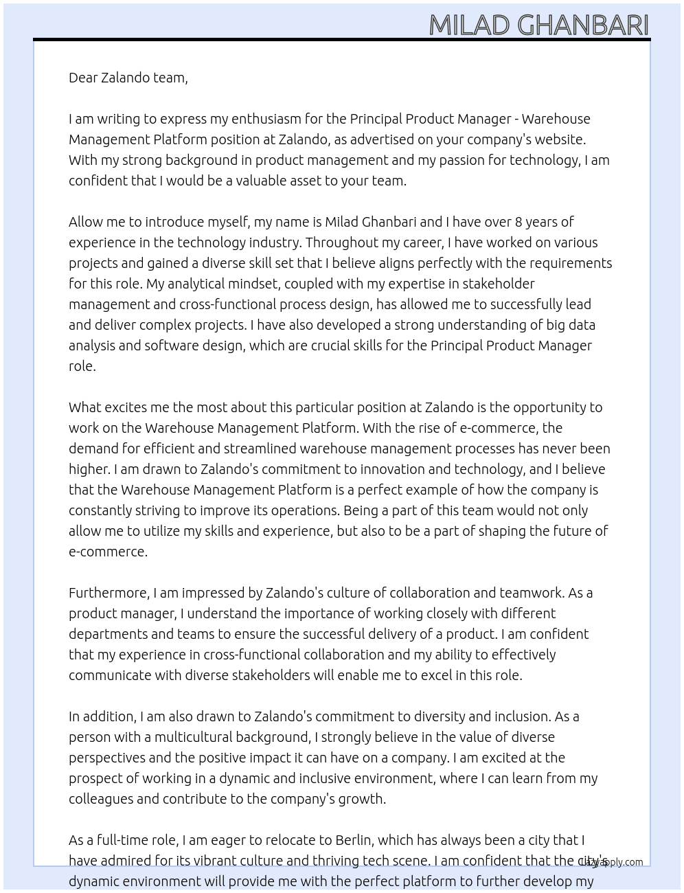Principal Product Manager - Warehouse Management Platform At Zalando Cover Letter